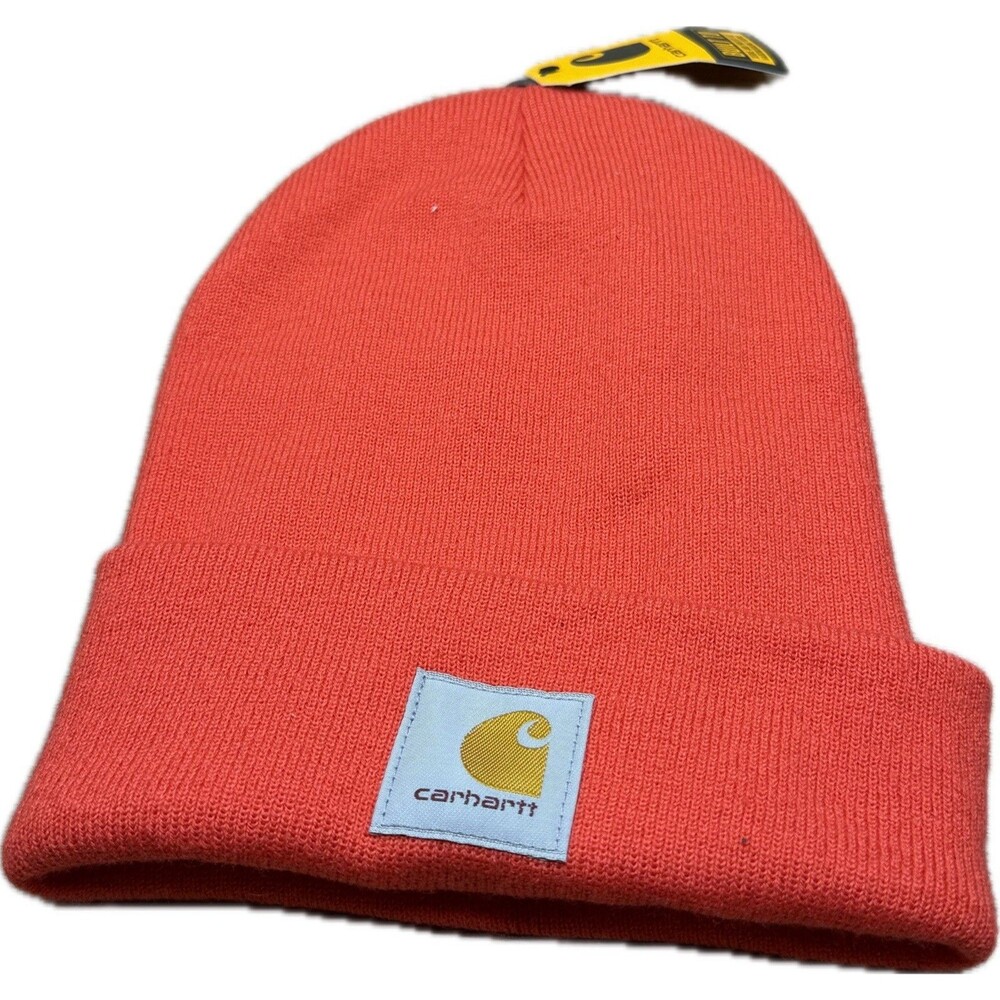 Carhartt Men Hat One Size Orange Knit Cuffed Beanie Logo Patch Acrylic Adult